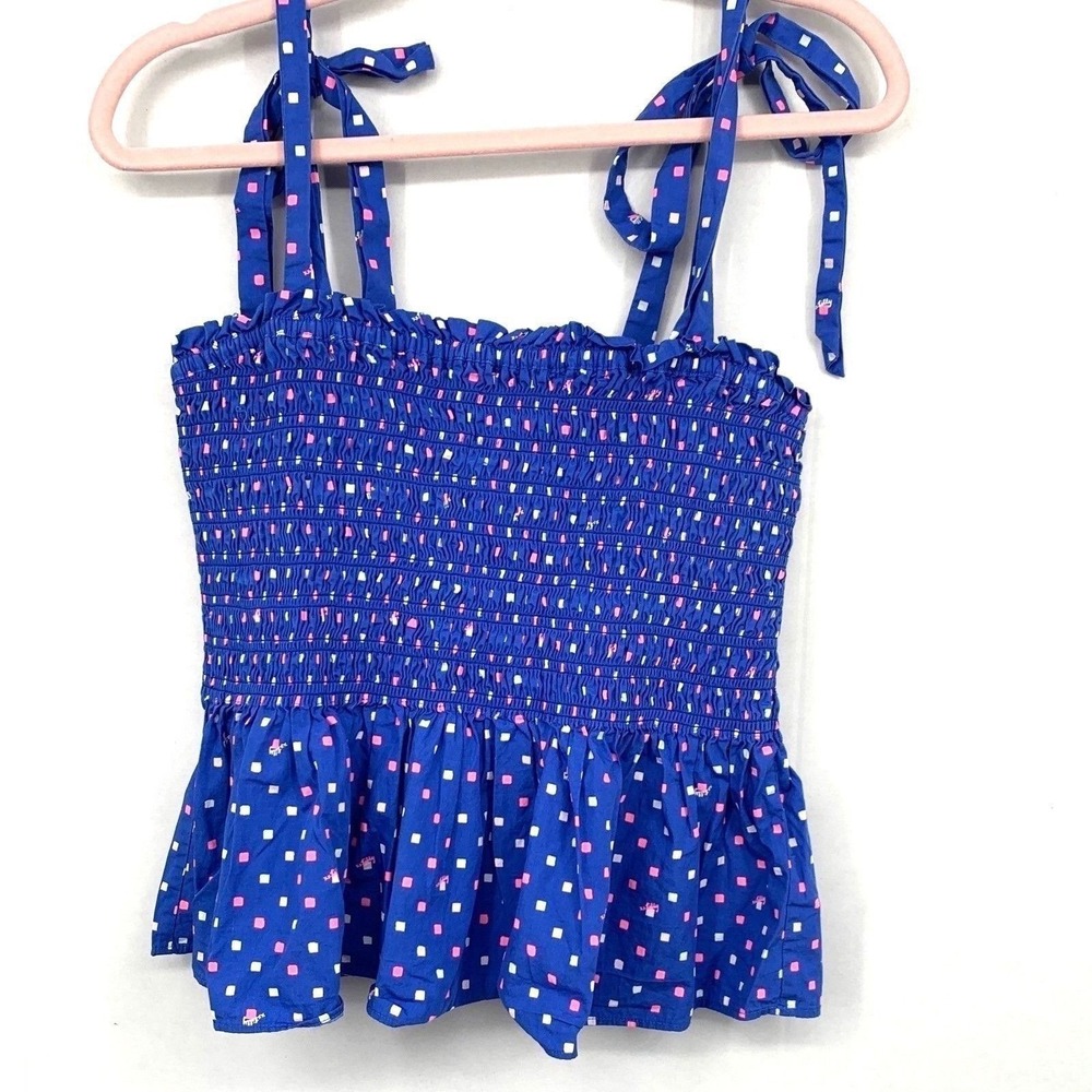 Lilly Pulitzer XL Blue Smocked Tie Strap Peplum Tank Top Cotton